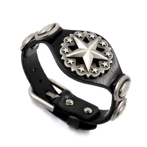 Vintage punk black leather bracelet featuring large silver star studs and metal buckles