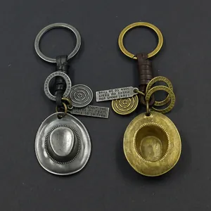 Vintage alloy cowboy hat keychain set with braided leather and engraved metal charms