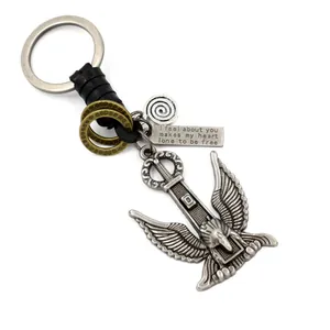 Retro eagle pendant keychain with black braided leather and engraved metal plaque