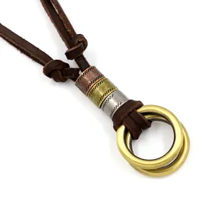 Vintage leather cord necklace with double rings and bronze alloy charms in retro style
