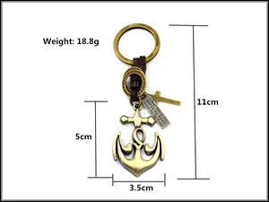 Detailed size chart of vintage bronze anchor keychain with leather cord and cross charm