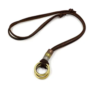 Adjustable brown leather necklace featuring interlocking double bronze rings and metallic beads