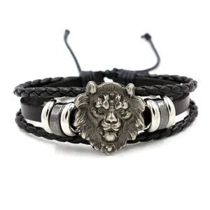 Vintage multilayer black leather bracelet with silver lion head charm and adjustable cord