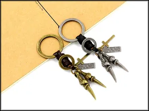 Close-up of retro eagle claw keychains with leather weaving and cross pendant detail