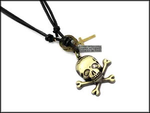 Close-up of vintage skull and cross pendant with engraved plate on adjustable cord