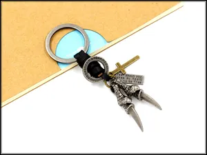 Close-up of retro eagle claw pendants on a braided leather keychain with punk aesthetic