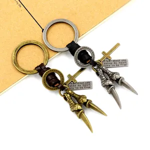 Vintage eagle claw keychain with punk braided leather and engraved metal pendants