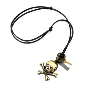 Vintage punk skull pendant leather necklace with cross and engraved metal tag for men