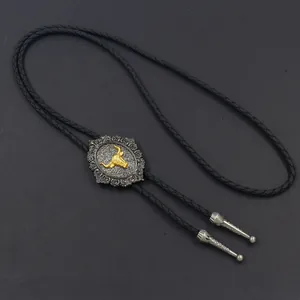 Western-Bolo-Tie mit goldenem Bullenkopf an einer schwarzen geflochtenen Lederkordel