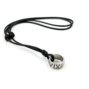 Vintage punk long necklace with adjustable black cord and silver roman numeral ring pendant