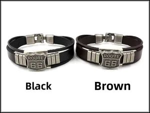 Detail of vintage Route 66 multi-layer leather bracelets in black and brown finishes