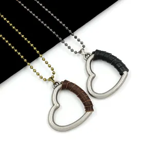 Vintage heart pendant necklaces with leather wrap on bead chains in bronze and silver tones