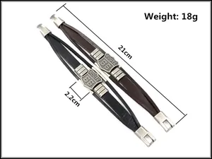 Detail view of multi-layer leather bracelet featuring Route 66 plaque with size markers