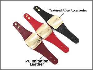 Detail view of wide PU leather bracelets in black and red with gold textured alloy plates