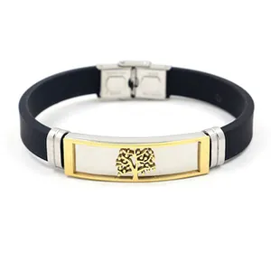 Detail der Lebensbaum-Gravur auf Gold-Silber-Edelstahl-Silikonarmband für Damen und Herren