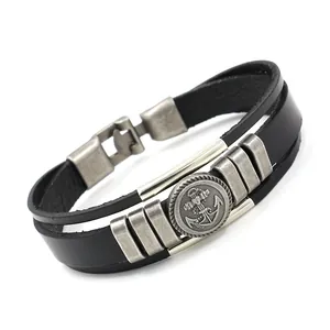 Bracciale in pelle vintage da uomo con ancora marina retrò e chiusura in metallo sicura
