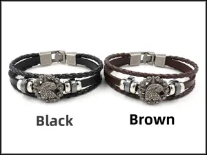 Detail view of woven leather bracelets with eagle emblem in black and brown styles