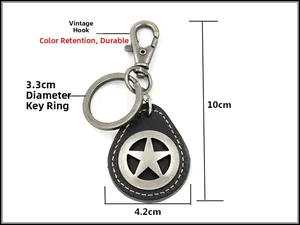 Tabla de tallas detallada para llavero de cuero vintage con medidas de colgante estrella