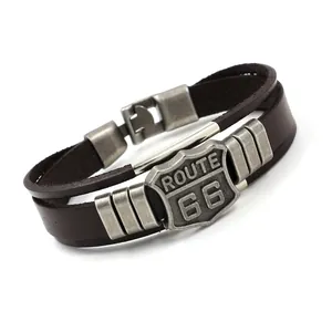 Men Retro Multi-layer Leather Bracelet With Route 66 Alloy Shield Charm Punk Biker Woven Leather Bangle Jewelry Gift Accessories