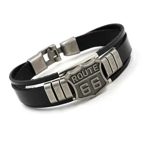 Retro multi-layer leather Route 66 bracelet with punk metal buckle on white background