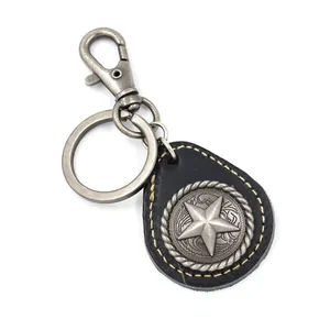 Vintage pentagram leather keychain with metallic star emblem on a white background