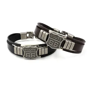 Men's retro Route 66 multi-layer leather bracelet with vintage alloy buckle
