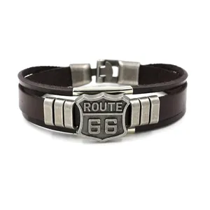 Retro multi-layer dark brown leather bracelet featuring Route 66 shield with metal clasp