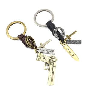 Retro desert eagle pistol and 1314 bullet pendant keychain with woven leather strap
