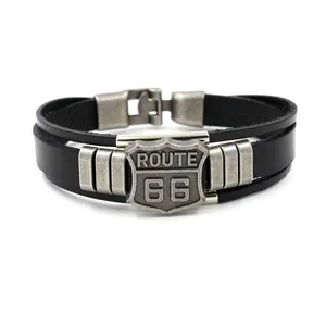 Men's vintage Route 66 multi-layer black leather bracelet with shield metal charm