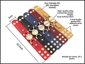 Detail of adjustable PU leather bracelets with eco-friendly alloy moon rivets in multiple colors