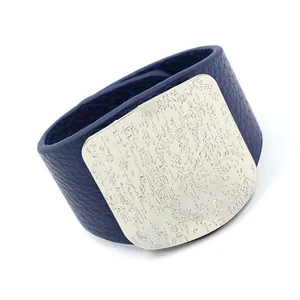 Deep blue lychee leather wide cuff bracelet with etched silver metal rectangle plate