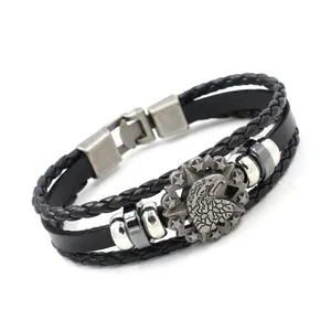 Men Vintage Leather Braided Bracelet With Alloy Eagle Head Pentagram Badge Retro Punk Multi Layer Wristband Jewelry