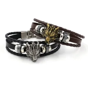 Bracelet multicouche en cuir style punk avec tête de loup vintage en noir et marron