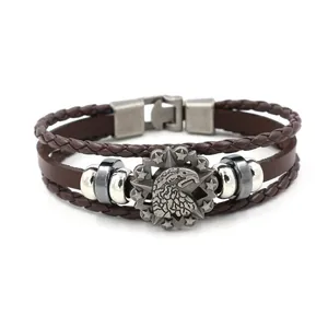 Men's brown multilayer woven leather bracelet with vintage eagle star metal pendant