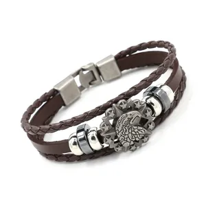 Handcrafted woven leather bracelet for men featuring an embossed eagle star metal emblem