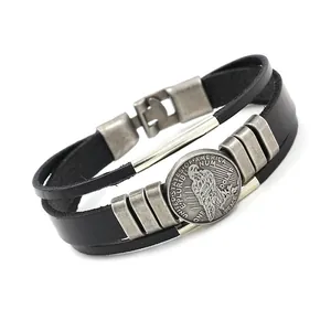 Bracciale multistrato in pelle nera da uomo con moneta vintage aquila e chiusura metallo