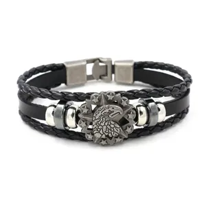 Braided leather multi-layer bracelet with vintage eagle crest and star metal charms