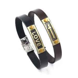 Bracciali di coppia minimalisti in pelle con croce e LOVE e fibbia in acciaio inossidabile