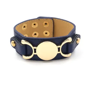 Blue PU leather wide bracelet with gold metal horseshoe charm and snap closure for women