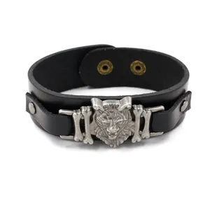 Punk black leather bracelet for men featuring a silver leopard head and metal bone charms