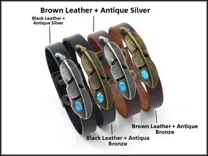 Detailansicht von vier Retro-Lederarmbändern mit Federanhängern und Türkisperlen