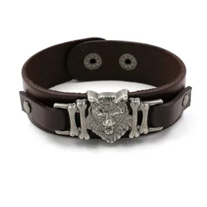 Punk black leather wristband featuring a vintage silver leopard head and studs