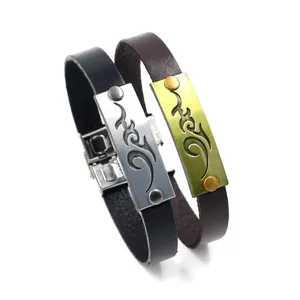 Bracciali unisex in pelle con motivi a fiamma tribale e chiusure in acciaio inossidabile