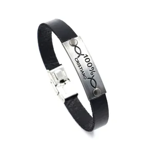 Bracciale in pelle nera con incisione 100% Cristiano e chiusura in acciaio inox