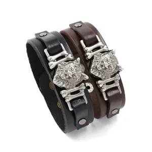 Punk black and brown leather wide bracelets with wolf head and metal bone accents