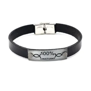 Bracciale da uomo in pelle nera intrecciata con placca in metallo 100% Cristiano