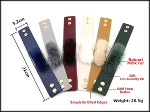 Detailed fan arrangement of 6-color PU leather bracelets with natural mink fur and gold snaps