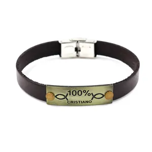 Bracciale Cristiano in pelle retrò con placca in bronzo e chiusura in acciaio inox