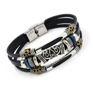 Mehrlagiges Lederarmband für Herren mit Edelstahl-Magnetverschluss und Perlen im Retro-Stil