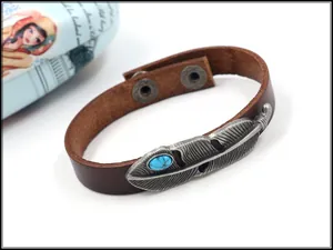 Detailansicht eines braunen Lederarmbands mit Silberfeder und Türkis-Schmuckstein